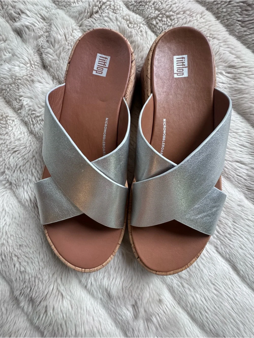 FitFlop Metallic Silver Crossband Cork-Effect Slide Mules